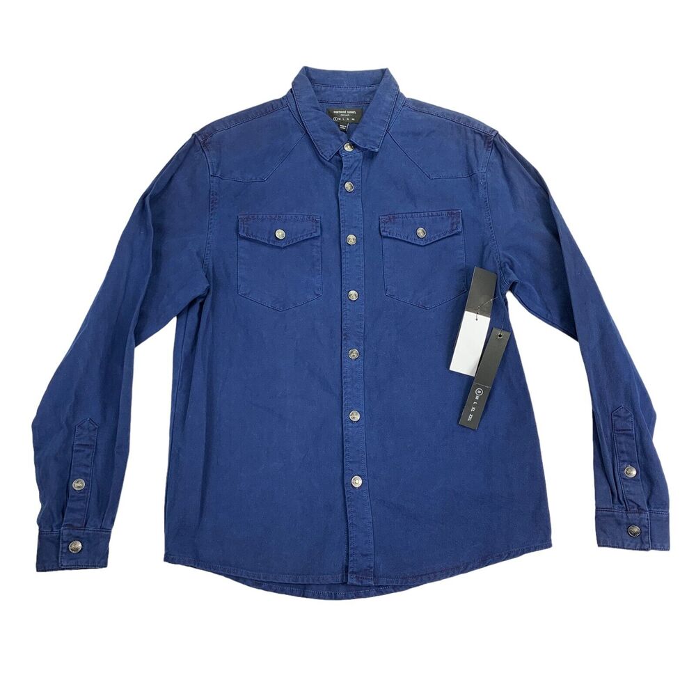 Earnest Sewn Mens Western Long Sleeve Cotton Overshirt Button Down Shirt Blue S